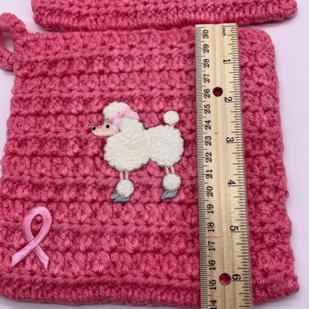 2 Vintage Pink poodle home-made crochet pot holders/hotpads for airfryer/oven 7" - Picture 5 of 10